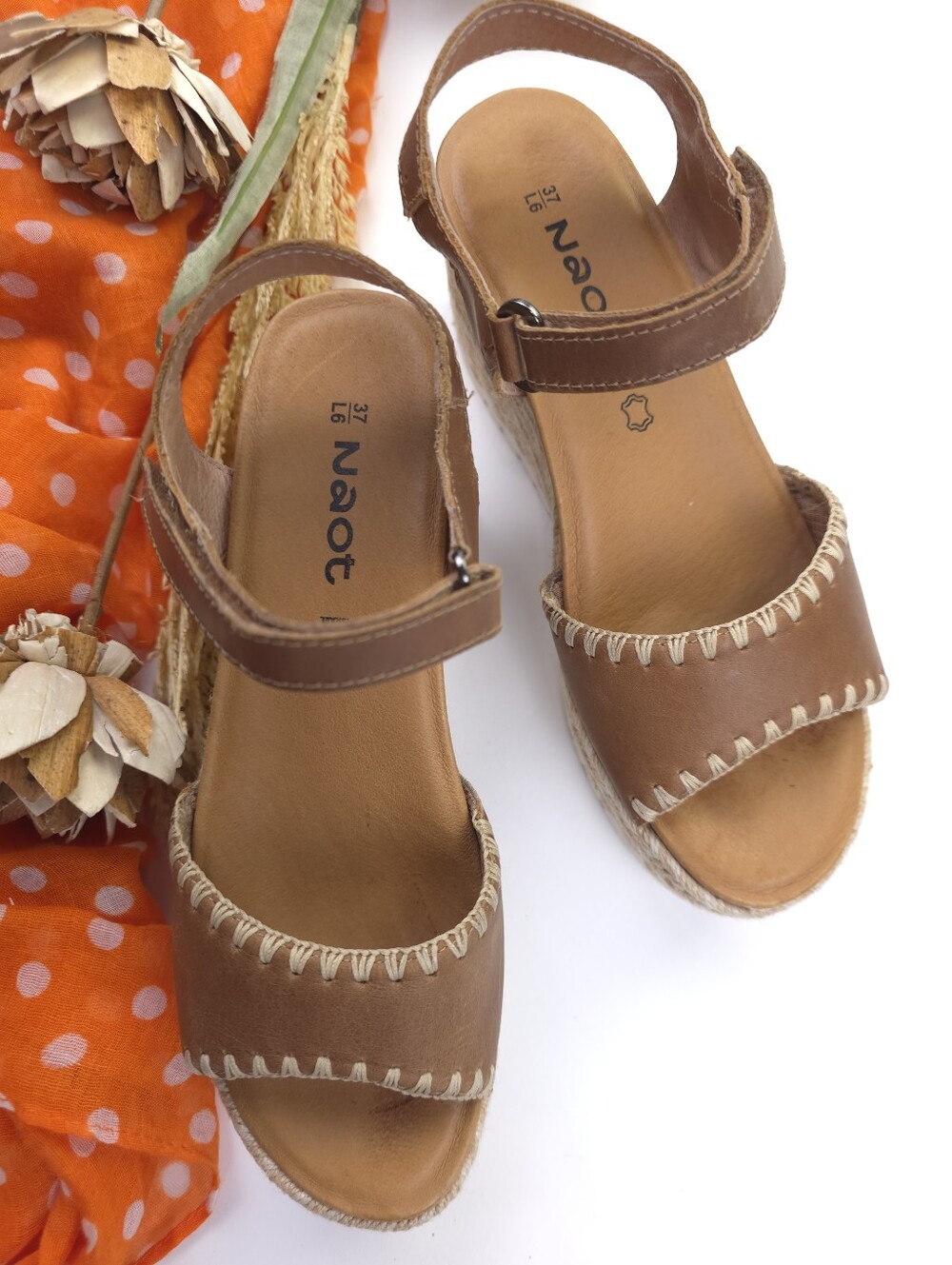 Naot Women’s Tan Espadrille Wedge Sandals - Leather Ankle Strap Sz 37 - Picture 4 of 12